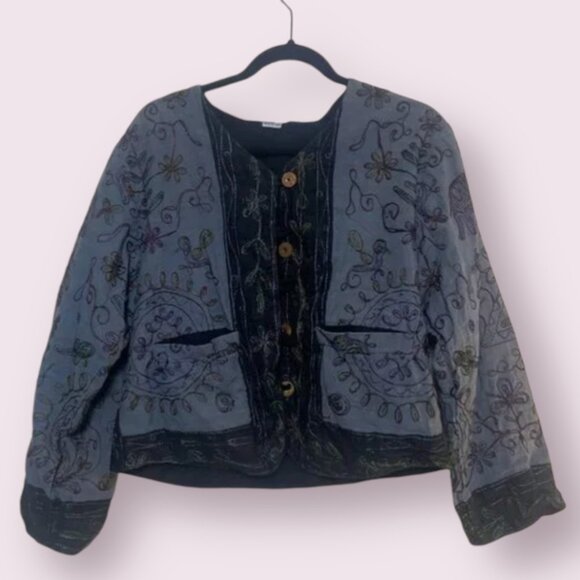 ⭐️ Embroidered Elephant Bird Stitched Jacket India Hipster Hippie Chic Sweater - Picture 1 of 5